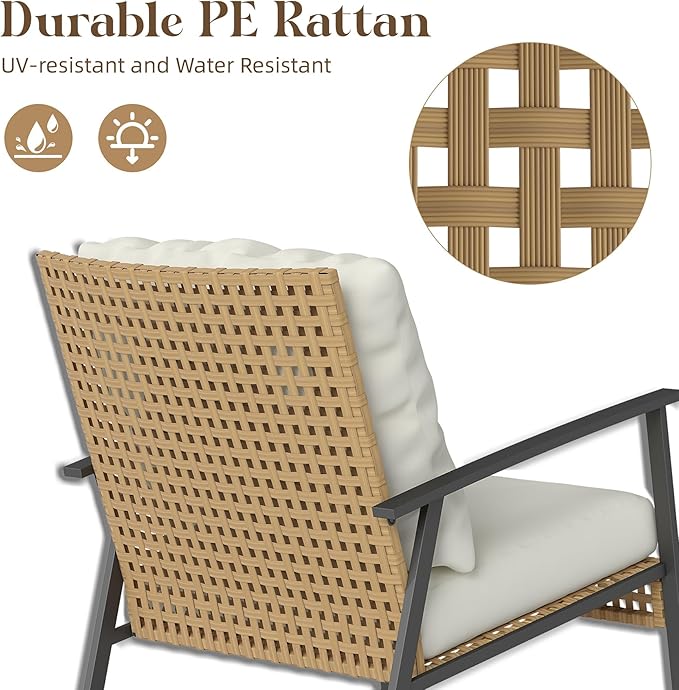 LEX CRAFT 3 Piece Outdoor Rocking Chairs, Outdoor Patio Furniture Set with Thick Cushion and Coffee Table, Rattan Rocking Bistro Set for Grand Porch Balcony Garden
