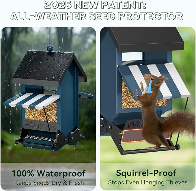 2025 Squirrel Proof Bird Feeders for Outdoors with Weight-Activated, 5LB Metal Hanging Bird Feeders for Outside, Large Wild Feeders for Cardinals, Chickadees, Durable Backyard Feeders