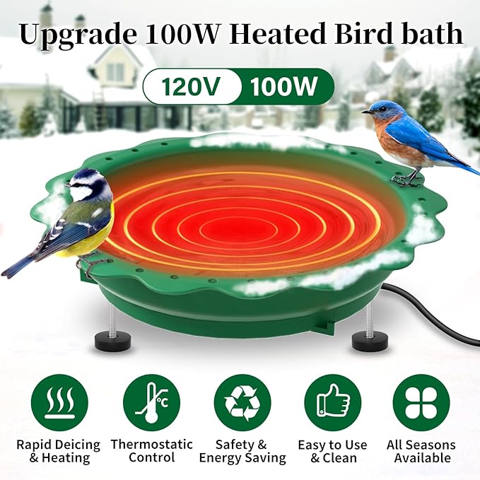 Heated Bird Bath for Outside Winter, Powerful 100W Thermostat Control Heated Bird Baths for Outdoors with 3 Metal Extension Screws, Heated Birdbath Water Heater for Garden Yard Patio Lawn(Green)