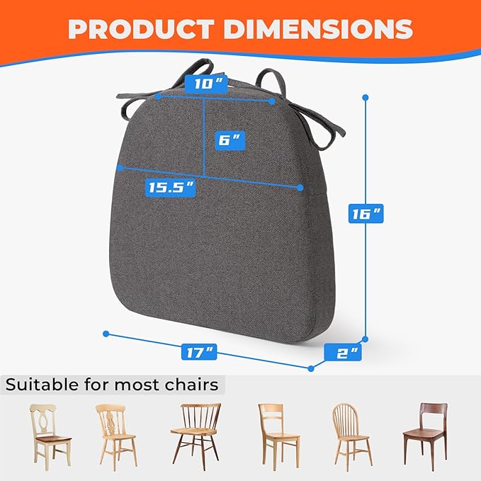 Chair Cushions for Dining Chairs, D-Shaped Seat Cushions with Removable Washable Cover and Ties, Chair Pads for Kitchen, Indoor Dining Room, Patio Chairs, 17'' x 16'', Set of 6, Dark Grey