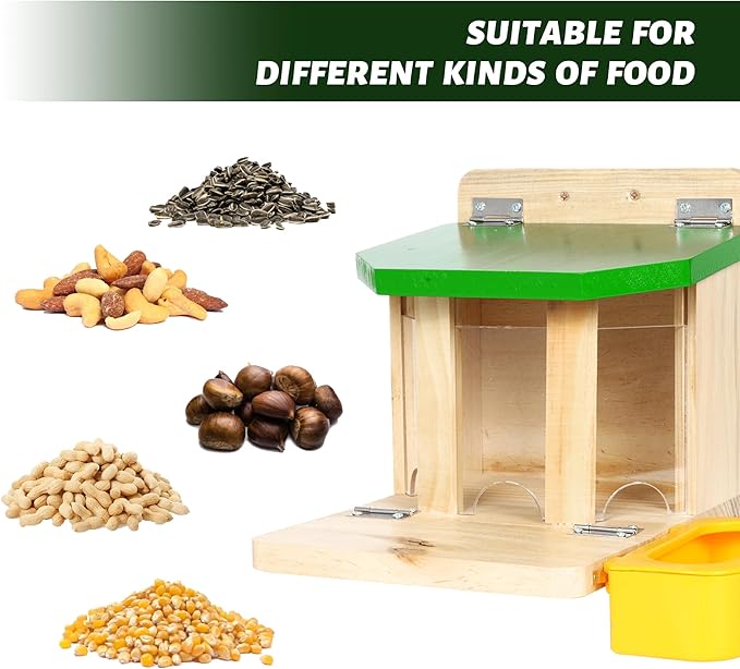 MIXXIDEA Wooden Squirrel Feeders for Outside with Water Bowl, Large Capacity, Sturdy Squirrel Feeder House with Thick Wood, No Assembly Required, for Backyard Outside Garden (Green)