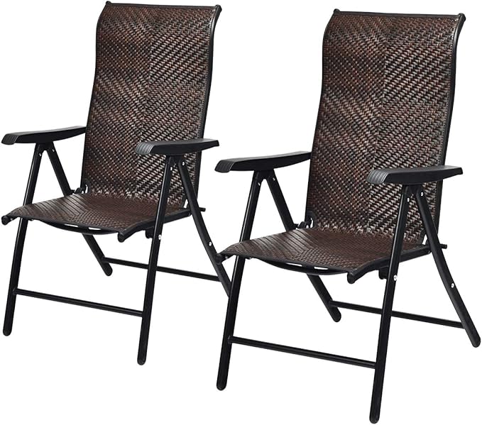 Tangkula 2 Piece Patio Rattan Folding Reclining Chair, Outdoor Wicker Portable Camping Chair with Widened Armrest, Foldable Chair with Adjustable High Backrest for Garden Balcony Outdoor & Indoor (2)