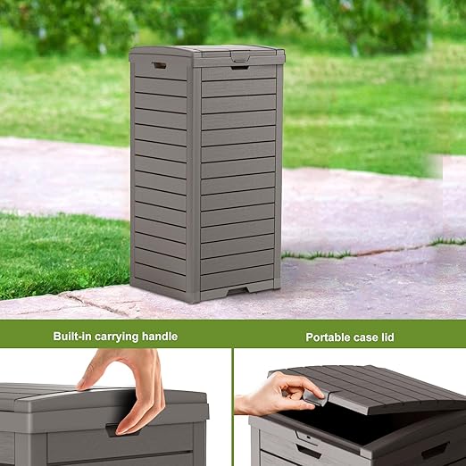 31 Gallon Outdoor Trash Can, Waterproof Trash Can Cabinet for Outside, Resin Garbage Bin with Lid and Drip Tray for Easy Cleaning for Patios, Kitchens, and Outdoor Entertaining（Light Gray）