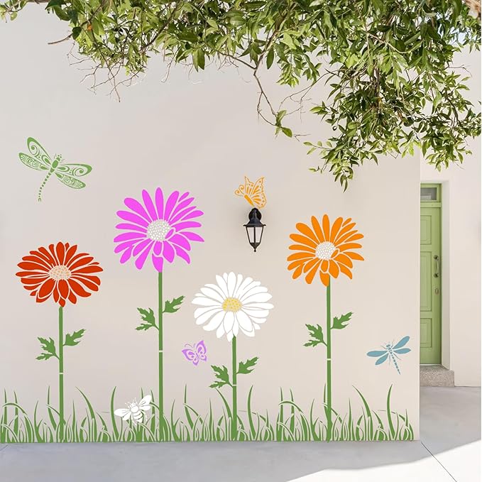 Large Flower Stencils for Painting, 8pcs Wall Stencils for Painting Large Pattern, Reusable Floral Butterfly Fence Stencils for Outdoors Garden Wood Walls DIY Crafts Home Canvas Furniture