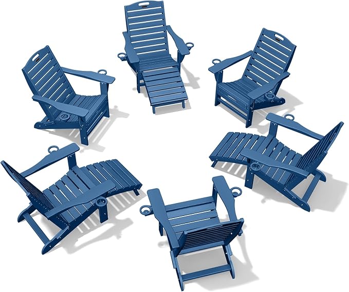 Ciokea Folding Adirondack Chair Set of 6 with Retractable Ottoman Fire Pit Patio Chair with Pull Out Foot Rest Weather Resistant Lawn Outdoor Chair with 2 Cup Holder (Navy Blue)
