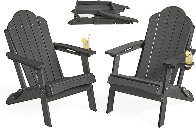 LUE BONA Folding Adirondack Chair, Chairs Set of 6, Cup Holder, Woodgrain, Fire Pit, Patio, Pool, Black