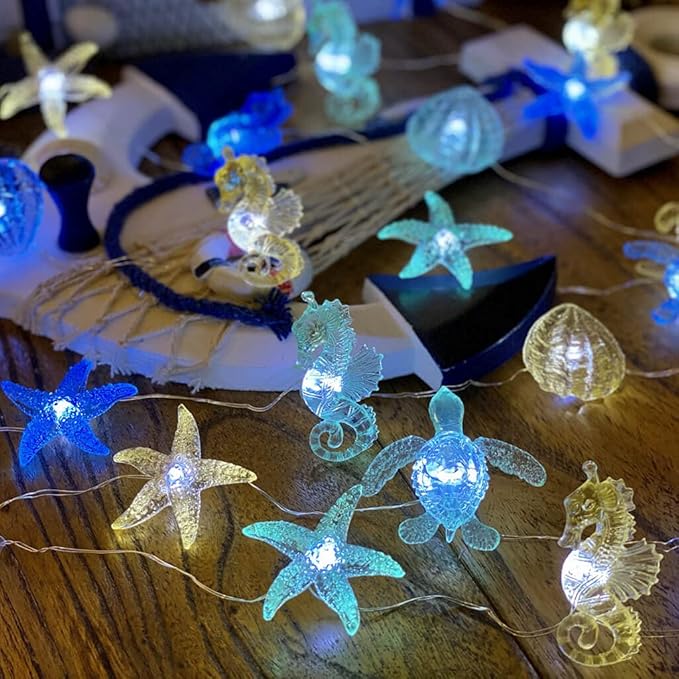 Coastal Solar String Lights Outdoor Garden Lights Marine Life Solar Fairy Garden Lights for Outside 14ft 40LED Waterproof Turtle Seahorse Starfish Clam Beach House Nautical String Lights Yard Decor
