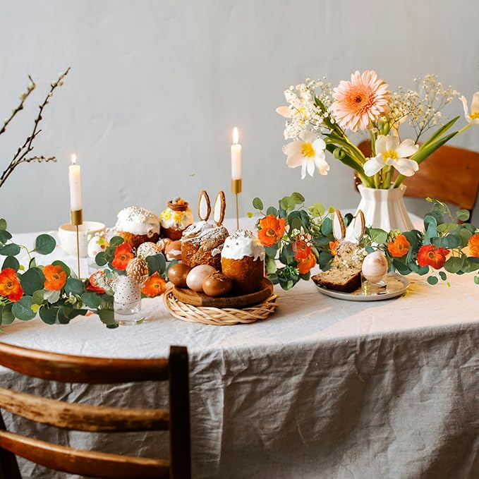 5.74 FT Artificial Poppies Flower Garland, Floral Garland Greenery Vines with Eucalyptus Hanging Flowers Vines for Home Wedding Mantle Table Outdoor Decor (Orange)