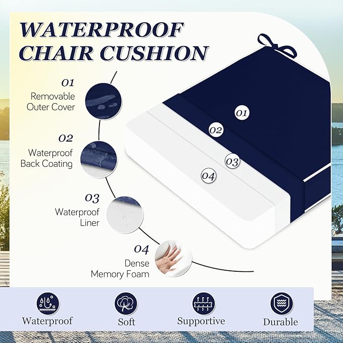 Waterproof Outdoor Chair Cushions Set of 2, Square Outdoor Seat Cushions with Ties and Removable Covers, 19 x 19 Outdoor Cushions for Patio Furniture with Portable Handle(Navy/White)
