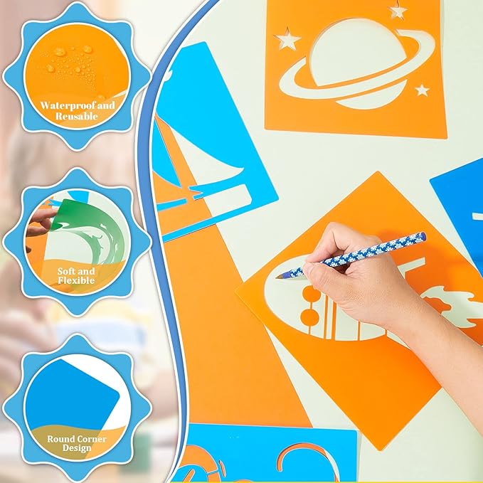 Epakh 24 Pieces Stencils for Kids 8 Inches Drawing Stencils Chalk Template Large Washable Geometric and Garden Themed Primary Shape Template for Kids Toddlers Preschooler(Boy Style)