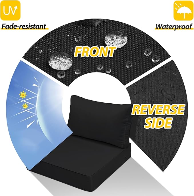 AAAAAcessories Outdoor Deep Seat Cushions, Waterproof, Fade-Resistant Patio Furniture Replacement Cushions, 25.5" x 25.5" x 5" + 25.5" x 13.5", Set of 4, Black