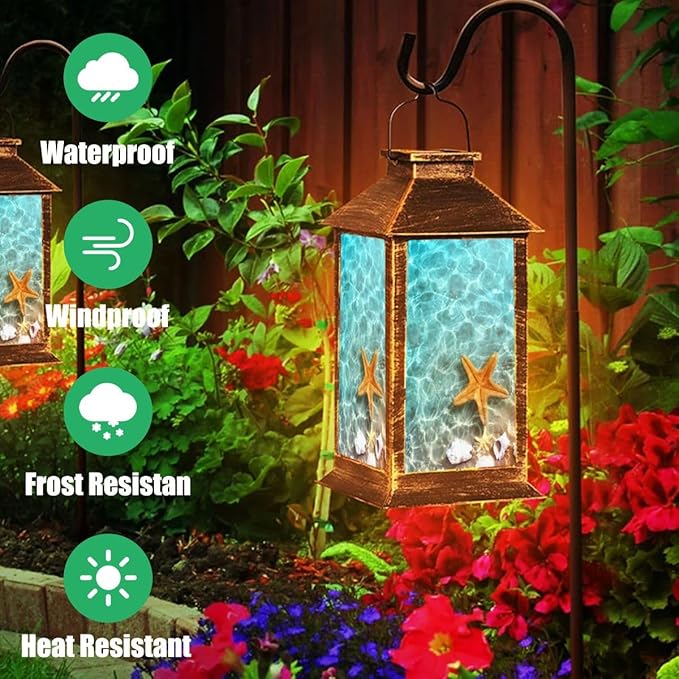 Solar Lantern Seashell Summer Beach sea Water Summer Outdoor Garden Hanging Lantern Waterproof Solar Powered Lighting Outside Table Lamp for Patio Deck Yard Camping Beach House Decor, 1 Pack