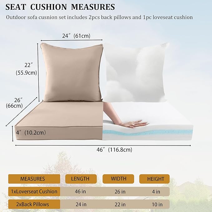 Outdoor Loveseat Cushion Set for Patio Couch/Sofa, 46 x 26 Inch Waterproof & Fade Resistant Patio Furniture Chiar Cushions with Removable Cover (Khaki, 46''Lx26''Wx4''H-Loveseat Cushion Set)