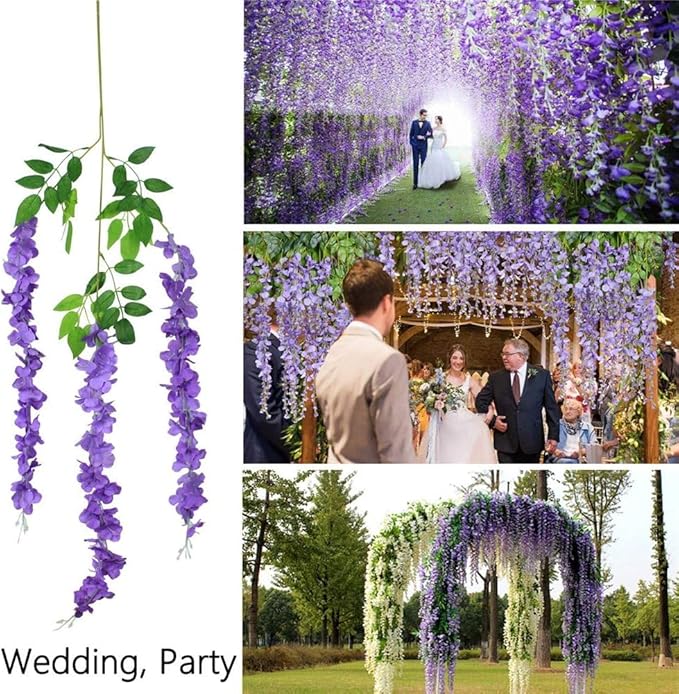108pcs Artificial Wisteria Flowers 3.6 Feet/Piece Purple Dense Artificial Fake Wisteria Vine Ratta Hanging Garland Silk Flowers String Home Party Wedding Decor（Purple-Dense）