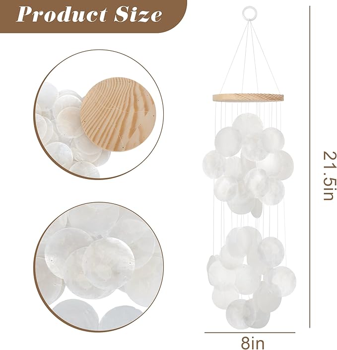 Wind Chimes for Outside, Handcrafted White Capiz Shells Windchime Coastal Style Decor for Indoor/Outdoors, Garden Decors, Great Gift for Women, Beach Hanging Decor, Wind Chimes Lovers and More