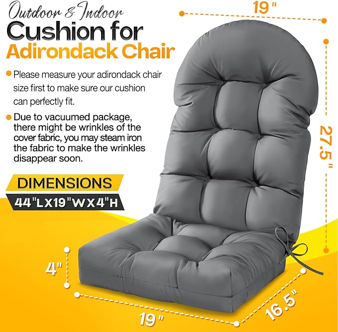 MAGIC ELEPHANT Adirondack Chair Cushion, Memory Foam Outdoor Chair Cushion, Water-Repellent Thick High Back Patio Rocking Chair Pad Seat Cushion Replacement (Grey)