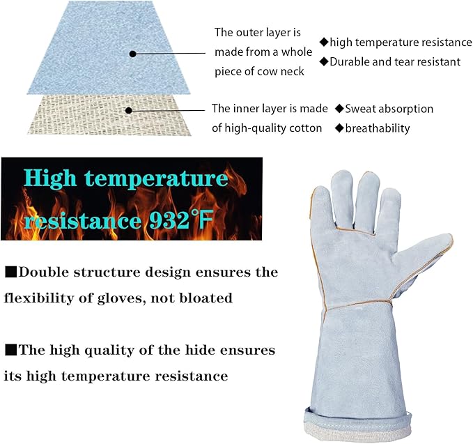 16 "electric welding gloves, Class A cowhide Kevlar thread sewn, 932°F, tear resistant, oven. Grill. Fireplace. Boiler. Stove. Argon arc welding. Wood burning barbecue. Animal handling gloves