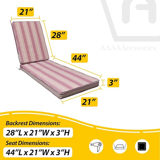AAAAAcessories Outdoor Chaise Lounge Cushions, Fade-Resistant, Waterproof Patio Furniture Replacement Cushions, 72" x 21" x 3", Dusty Rose Garden Stripe