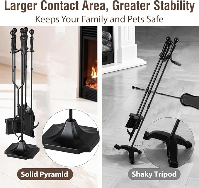 AMAGABELI Garden & Home 5 Pcs Fireplace Tools Set 31 Inch Indoor Black Handle Wrought Iron Large Fire Tool Accessories Set Holder Outdoor Fireset Modern Fire Pit Stand with Poker Brush Shovel Tong