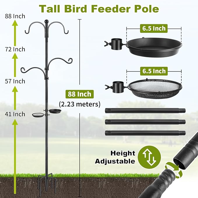 Bird Feeder Pole, Bird Feeding Station 88 Inch Shepherds Hooks for Outdoor Heavy Duty 1 Inch Dia Humming Birds Feeder Stand Hanger Post with 4 Hooks, Water Bowl and Birds Seed Tray