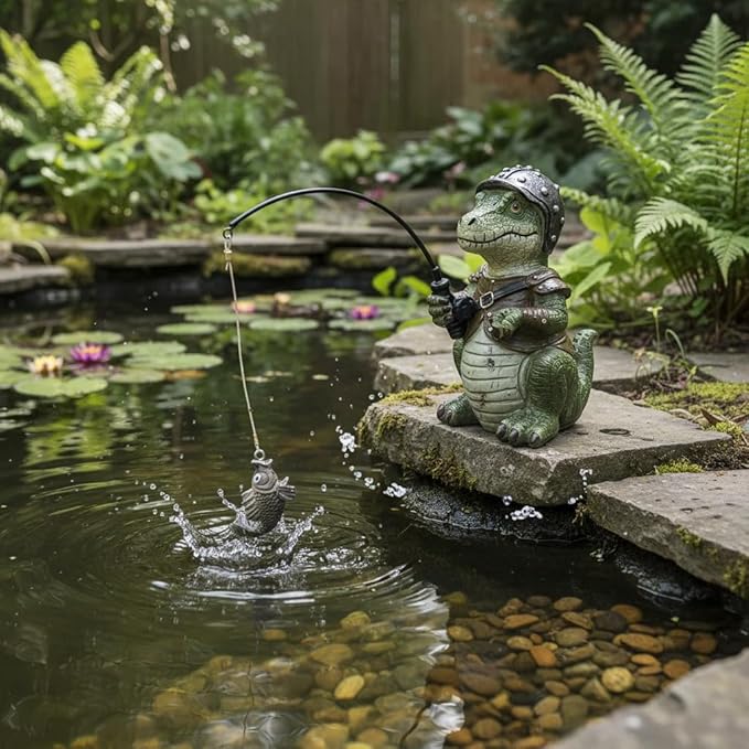 Garden Dinosaur Pond Statues Decoration, Fishing Dinosaur Garden Statue Outdoor Koi Pond or Waterfall Decor, 7.1" Crocodile Fishing Poolside Statue, Animals Patio, Lawn Additional, Gifts for Mom