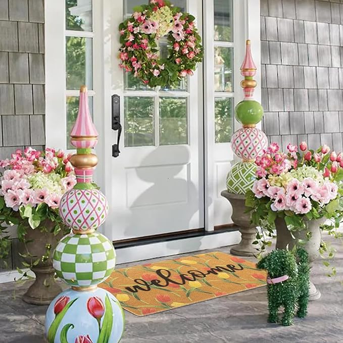 Tulip-Welcome-Doormat for Indoor Outdoor Entrance Floral-Spring-Door-Mat Non Slip Coir Seasonal Doormat for Spring Easter Home Decor 17 x 29 Inches