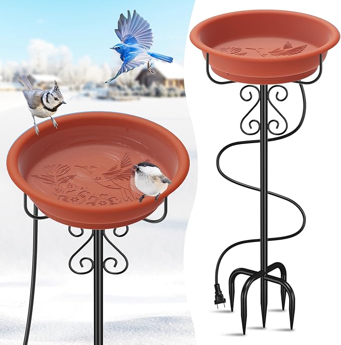 Heated Bird Baths for Outdoors,Large Capacity 100W Thermostat Control Heated Birdbath with 5-Prong Metal Base Water Heated Bird Bath Bowl for Outside Winter Garden Patio Yard Lawn(Brown)
