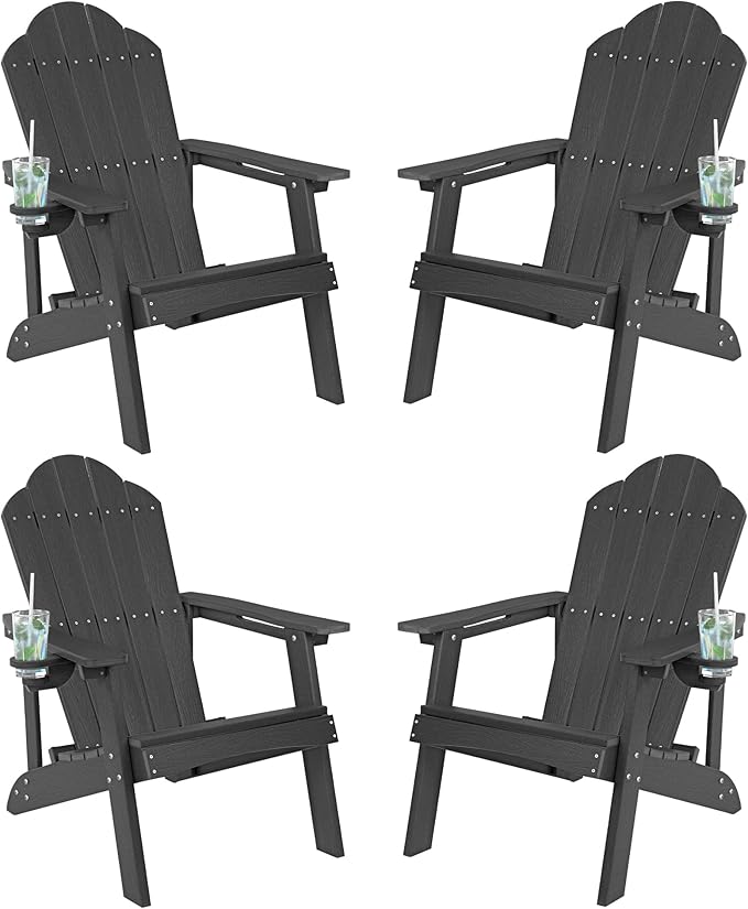 LUE BONA HDPE Adirondack Chair,Plastic Adirondack Chairs with Cup Holder Weather Resistant for Outdoor, Patio, Lawn, Garden, Backyard Deck, Fire Pit, Black