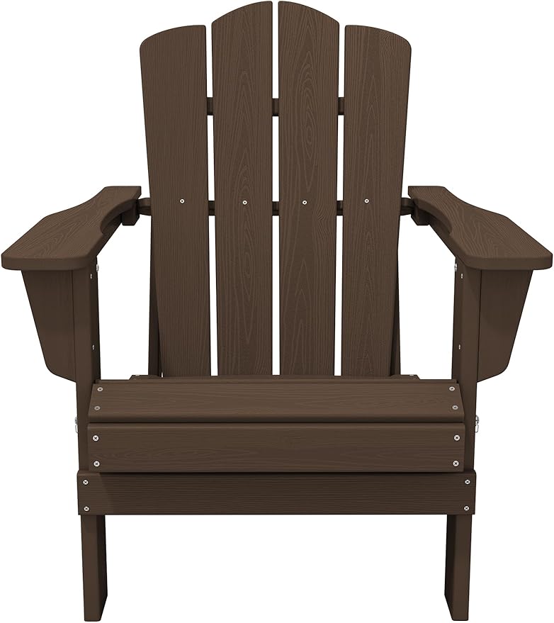 KINGYES Folding Adirondack Chair Set of 4, HDPE All-Weather Patio Chairs with Cup Holder, Wooden Textured Fire Pit Chairs for Poolside, Backyard, Deck, Coffee