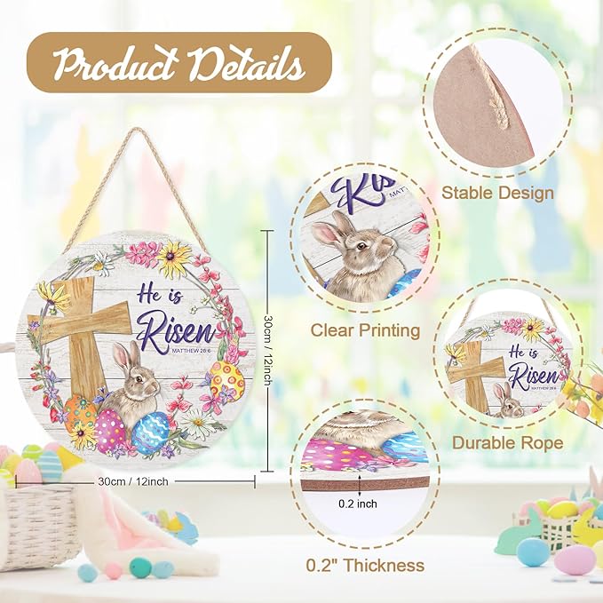CHDITB Easter Religious Wooden Sign, He is Risen Christian Wooden Hanging Plaque,Bunny Easter Eggs Door Hanger, Easter Holiday Decor, Easter Floral Wreath Wall Art Sign Hanger for Easter Party
