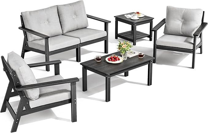 6-Piece HDPE Patio Furniture Set, Outdoor Sectional Sofa Set,All Weather Outdoor Couch with Dust-Free Cushions, Durable Patio Conversation Sets for Balcony, Porch, Black
