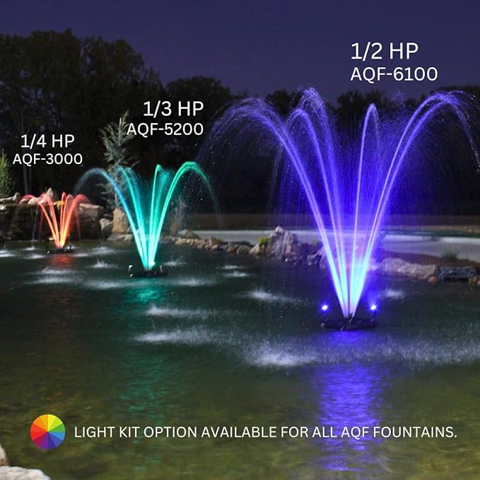 HALF OFF PONDS Floating Fountain – 1/3 HP Pond Aerator, 100' Cord – 5,200 GPH Water Pump – 9 Spray Patterns - White LED Lights – Energy-Efficient - for Ponds & Water Gardens