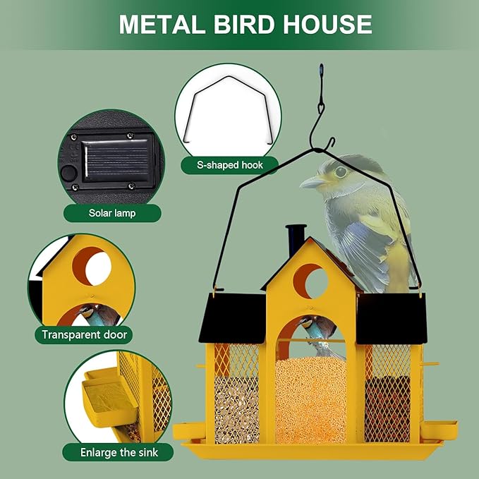 Solar Bird Feeder House for Outside Hanging, Large Capacity Birdhouse Bird Feeders Hanging for Outdoors, Metal Mesh Wild Birdfeeder for Finch Cardinal (Yellow and Black)