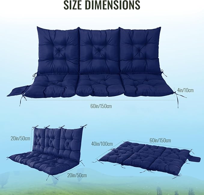NACATIN 3 Seat Cushion for Outdoor Swing - 60x40 inches, 4" Thick Porch Swing Cushions with Ties and Storage Bag, Waterproof Bench Cushions for Patio, Outdoor, Backyard and Garden (Navy)