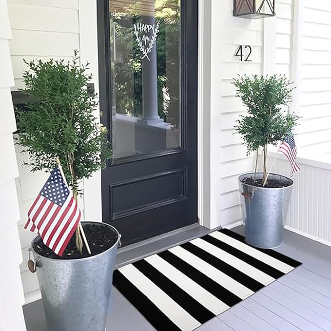 KOZYFLY Black and White Area Rug 27.5x43 Inches Striped Front Door Rug Cotton Washable Indoor Outdoor Rug Doormats Outdoor Small Striped Rugs for Kitchen Entryway Patio Front Porch Decor