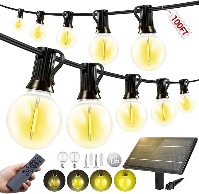 100FT Solar Lights Outdoor Waterproof: G40 30M Shatterproof Bulbs Patio Lights - Solar Powered Remote Control 3 Light Modes Dimmable Solar Light - Camping Backyard Garden Deck Outside Yard