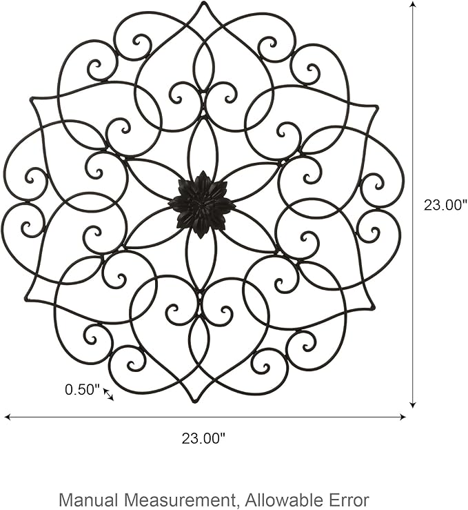 Glitzhome Black Metal Wall Art Decor, 23”H Floral Iron Wall Decor with Ornamental Scroll Design, Indoor Outdoor Wall Accent for Garden Porch Patio