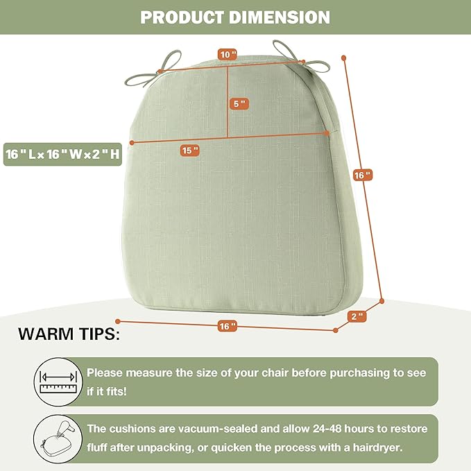 Battilo Chair Cushions for Dining Chairs with Ties, Indoor/Outdoor Kitchen Chair Pad with Non-Slip Backing, Dining Seat Cushion with Machine Washable Removable Cover, 16"x16"x2", Set of 4, Sage Green