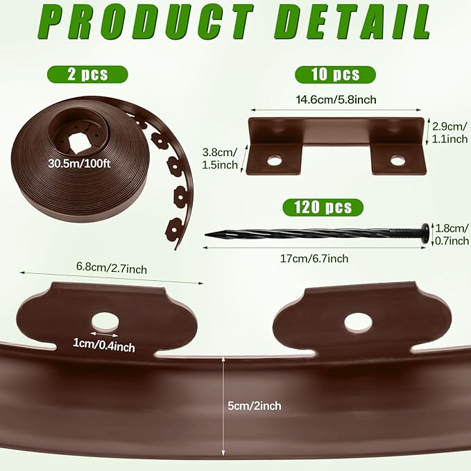 Sasylvia 2'' x 200' Landscape Edging Kit Edging Border Coil Include 120 Anchoring Spikes 10 Connectors Plastic Garden Border for Lawn Garden Grass Yard Home(Brown)