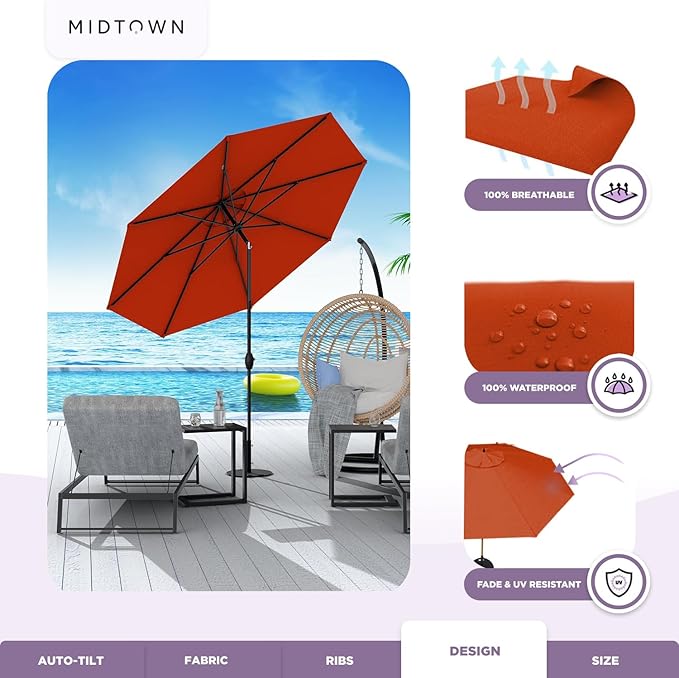 Midtown Umbrellas - 10-Year-No-Fade 6 Ft Patio Umbrella with Terylast Fabric, Auto-Tilt Aluminum Frame and 8 Reinforced Ribs for Deck, Pool, Garden & Beach - Apple Red Canopy, Black Pole