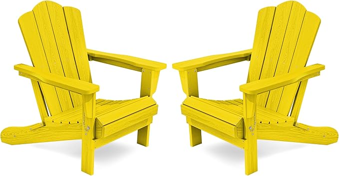 KINGYES Folding Adirondack Chair Set of 2, HDPE All-Weather Folding Adirondack Chair, Yellow