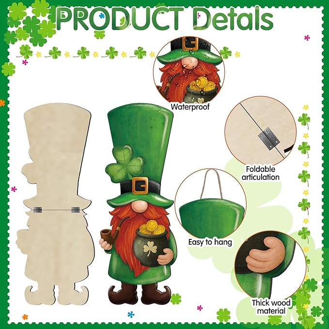 Thyle 2 Pcs Wooden St. Patrick's Day Gnomes Sign 32.3 x 12.2 Inch Irish Hanging Gnomes Front Door Decor Shamrock Lucky Green Hanger for Outdoor Indoor Front Porch Home Wall Supplies