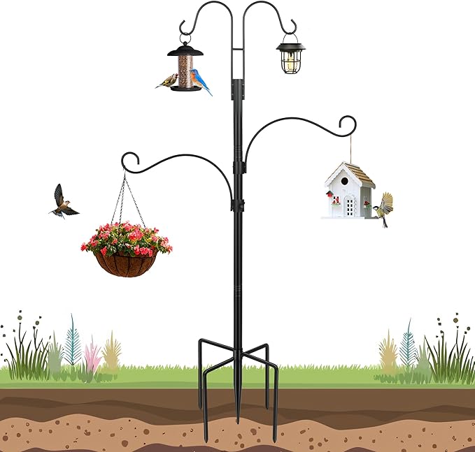 Bird Feeder Pole with 4 Multiple Shepherds Hooks for Outdoor, Heavy Duty Standing Bird Feeding Station Pole - 92 Inch Height Adjustable Bird Feeder Stand with 5 Prong Base for Large Bird Feeders