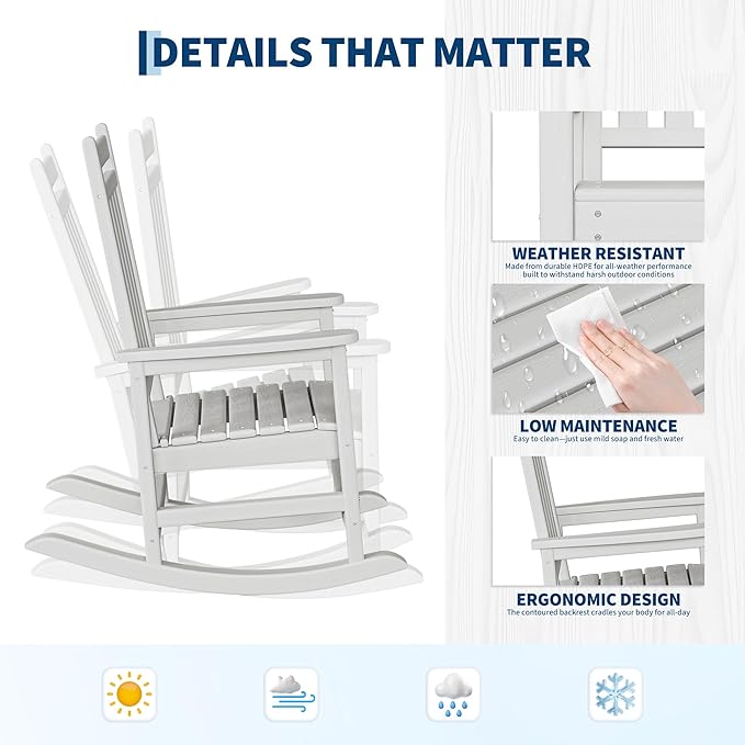 HDPE Rocking Chair Outdoor Set of 4 - Poly High Back Porch Rocker Chairs for Adults - All Weather Resistant Furniture for Patio Front Porch - White