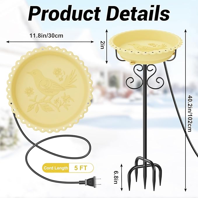 Heated Bird Baths for Outdoors,Upgraded 100W Thermostat Control Heated BirdBaths for Winter with Metal 5 Prong Base Heated Bird Bath for Outside Winter Garden Yard Patio Lawn (Beige)