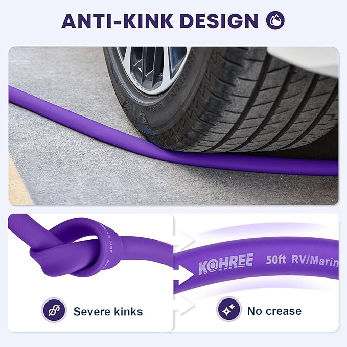 Kohree 50FT RV Water Hose with Storage Bag, 5/8'' Premium Drinking Water Hose, Leak-free, No Odor, Anti-Kink and Flexible Garden Hose for RV, Camper, Truck, Car - Purple