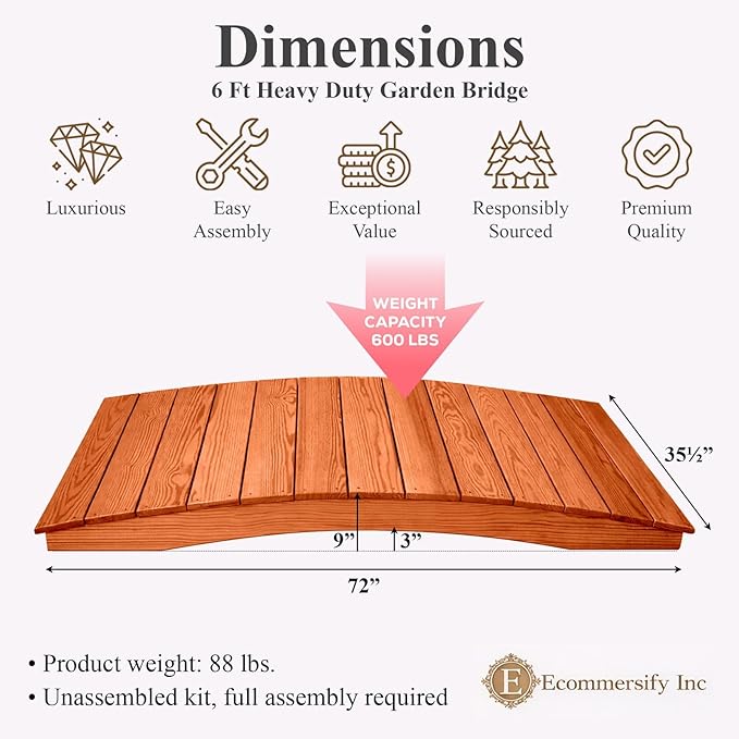 6 FT Cedar Amish Made Pinewood Heavy Duty Garden Bridge for Walkway, Backyard Pond & Landscaping, Outdoor Wooden Footbridge for Koi Pond, Japanese Style Decorative Bridge, Made in USA