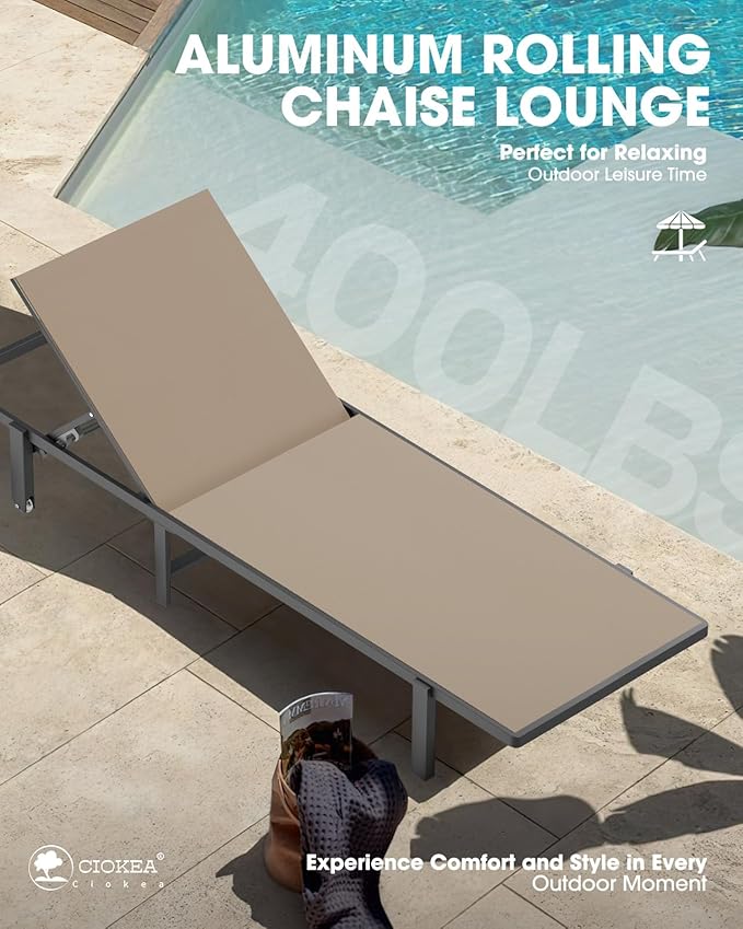 Ciokea Aluminum Chaise Lounge Chair Outdoor with Wheels, Patio Lounge Chair with Adjustable 5-Position Recliner and Full Flat Tanning Chair for Patio, Beach, Pool, Khaki