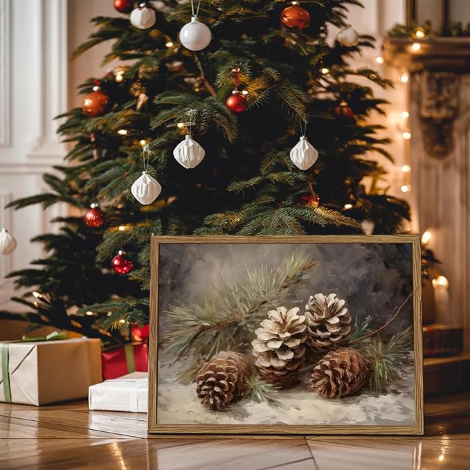 Framed Vintage Christmas Canvas Wall Art, Pine Cones Wall Decor Paintings, Winter Holiday Aesthetic Pictures Prints Rustic Home Decor for Living Room Bedroom Farmhouse 12×16 inch