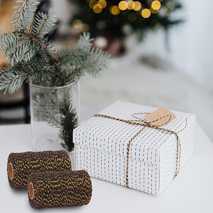 Cotton Twine String Bakers Rope: 2 Roll Twines for Crafts Gift Wrapping - 656 Feet Gold Wire Black Twine for Kitchen Cooking